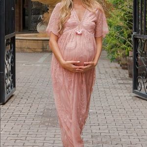 Pink Blush Lace Mesh Overlay Maternity Maxi Dress